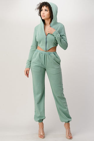 FRENCH TERRI HOODED CROPPED JACKET WITH JOGGER PANT SET